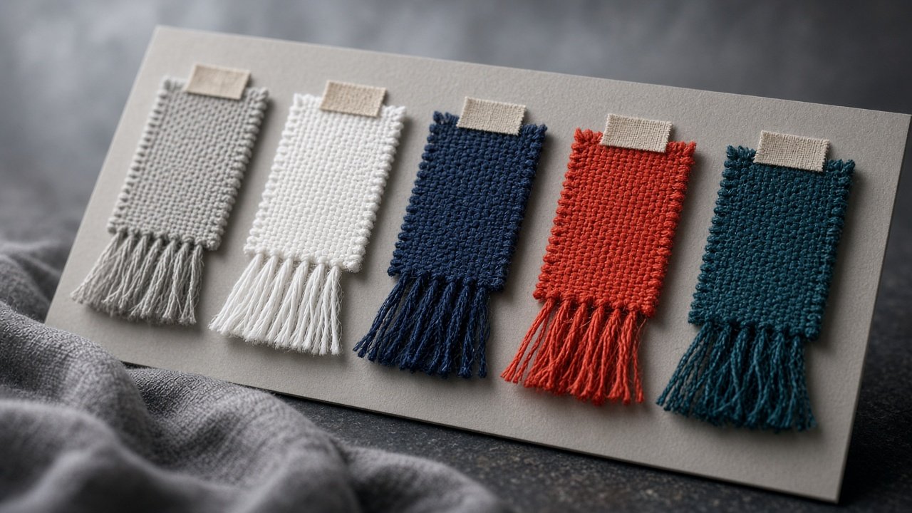 Soft weave swatch board in mist gray, vermillion, and teal tones